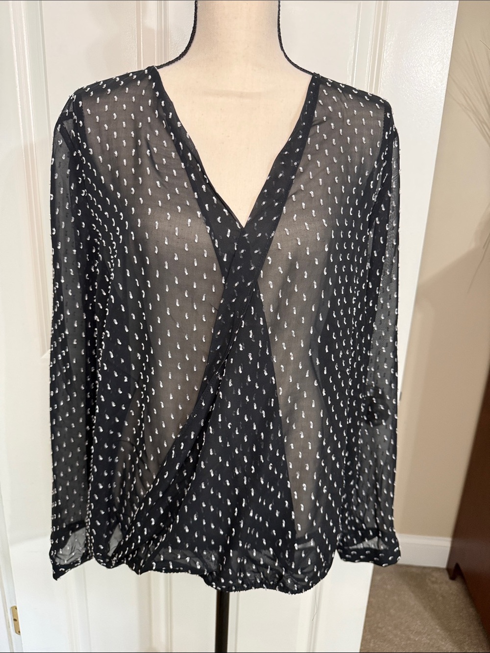 LOFT Outlet Black Sheer Faux-Wrap Blouse with White Dot Print